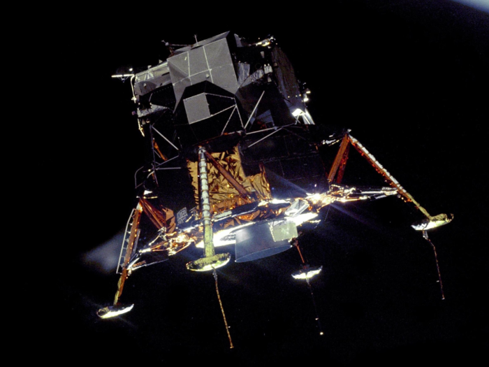 After a days-long journey to the moon, Aldrin and Armstrong descended to the lunar surface in the "Eagle" lunar module.