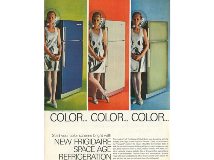 Frigidaire used a model with a pseudo-space helmet for a Space Age feel. 