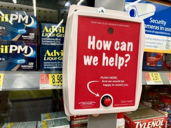 Some aisles had a button that allowed customers to call for assistance. This was useful, since some items were locked behind a glass case.