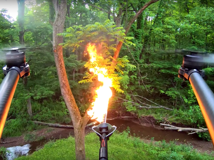 Using a drone like the DJI S100 gives you the ability to attach a camera on top, which produces scary views like this of flames shooting from the TF-19 WASP.