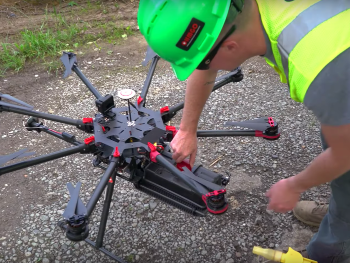 The flamethrower attachment can be used with any drone that has a payload capacity— how much weight the drone can hold — of 5 pounds or more. In the video, the TF-19 WASP is attached to a DJI S1000 octocopter drone, which sells for $1,500.