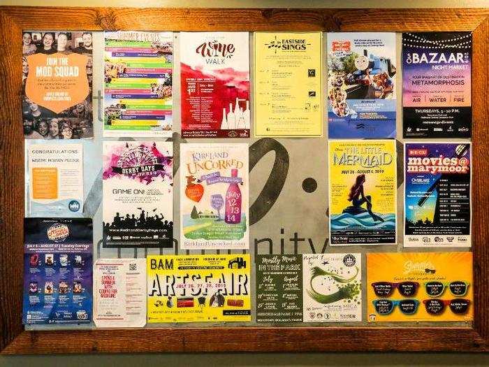 A board at the door advertised local community events and arts.