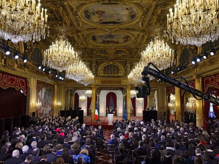 Current President Emmanuel Macron hosts around 160 state dinners, receptions, and other events in the ballroom each year.