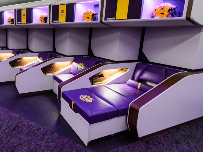 "The lower portion of the locker has a lot of functions to it," said interior designer Sarah Alfaro. The seat can be in a seated or lounge position, depending on the player