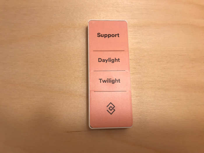 Within each room, we found a dial that can adjust the lighting to either "daylight" or "twilight." Pushing "support" will summon a stylist to answer questions or deliver new sizes.