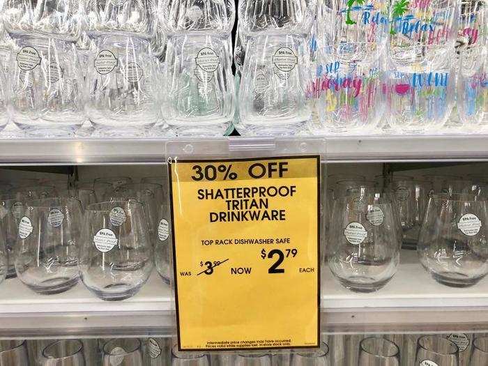 We started our shopping near these shatterproof glasses. They looked nice enough and at $2.79 each, the price was right.