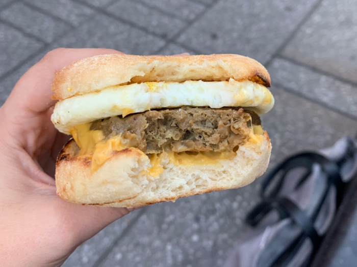 Biting in, the Beyond "sausage" is juicy, salty, and well seasoned, melding nicely with the gooey American cheese and practical English muffin.