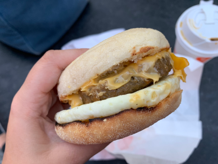 Unwrapping the packaging, I find a sandwich that is just as big and bold. The hefty Beyond "sausage" is almost as large as a burger patty, and it