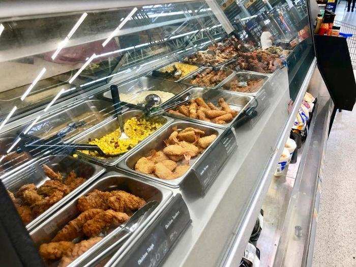 Next to the bakery, Walmart had a large section of prepared food in a hot bar with everything from seafood to meat.