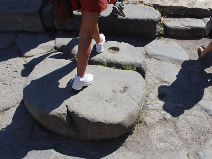 The Romans also made Pompeii a lot cleaner via the introduction of a drainage and sewage disposal system. These stepping stones from one sidewalk to another allowed Pompeiians to cross the streets without stepping in the sewage below.