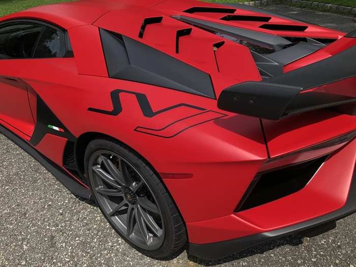 The SVJ logo is— brace yourself — $8,400 extra. SVJ stands for "Superveloce Jot." Superveloce means "superfast" in Italian, and Jota is a designation used for Lambos geared towards track performance.