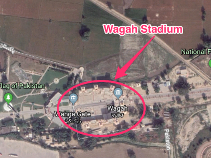 The Wagah Stadium straddles the border between India and Pakistan.