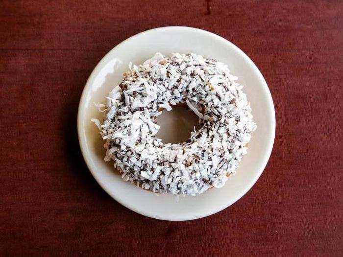 CHOCOLATE FEATHER BOA — Top Pot is famous for its "boas," which are glazed doughnuts topped with coconut shavings.