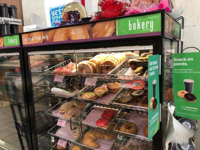 There was also a large selection of food on display. The bakery section was packed with doughnuts, croissants, and rolls.