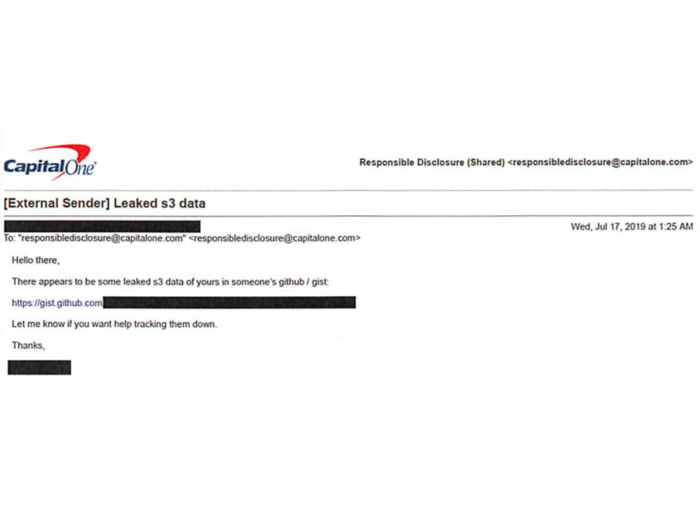 According to the Department of Justice, Thompson posted about her data breach on GitHub, a website for developers to share code. A GitHub user, only identified as an "external security researcher," saw what Thompson had shared, and tipped off Capital One.