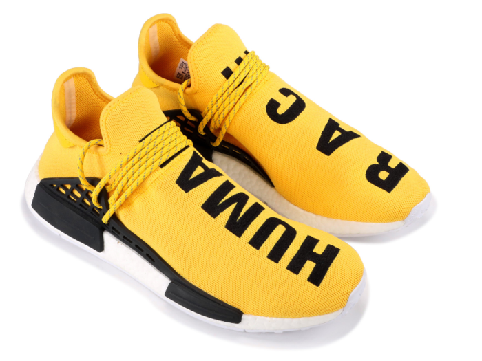 The 2016 Pharrell Williams x Adidas Originals NMD Human Race brand was iconic on many levels, Wang told Business Insider. Not only were they comfortable and functional — they combined the Boost tech with a sock-like upper — but they encouraged positivity through colorways and in-your-face wording.