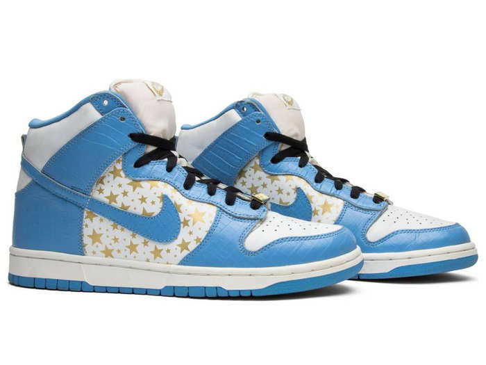 In 2003 Nike and Supreme released possibly their most iconic collaboration to date: the Dunk SB Hi Pro. Semmelhack wrote that there were only 1,000 pairs released in the colorway seen here and that they were only released in the US and Tokyo.