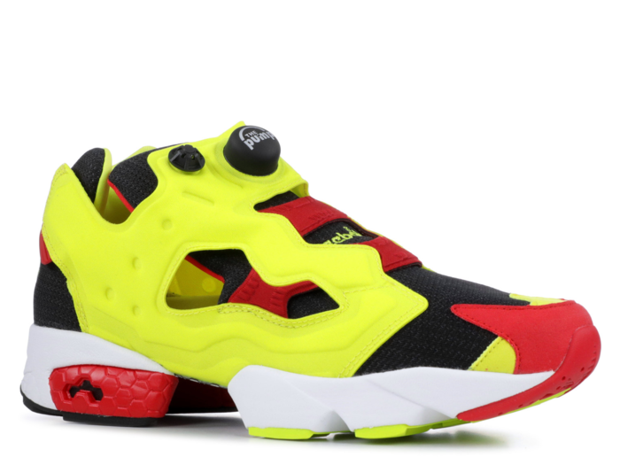 The 1993 Reebok Instapump Fury was originally designed to have both laces and a manually inflatable "bladder." But when it was finally constructed, the shoe ended up coming equipped with carbon dioxide cartridges in the instep that inflated the shoe automatically, eliminating the need for laces, Semmelhack wrote.