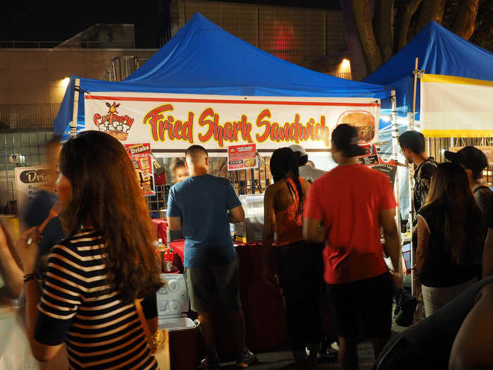 Another particularly popular stall: Caribbean Street Eats, which serves up a fried shark sandwich alongside homemade juices.