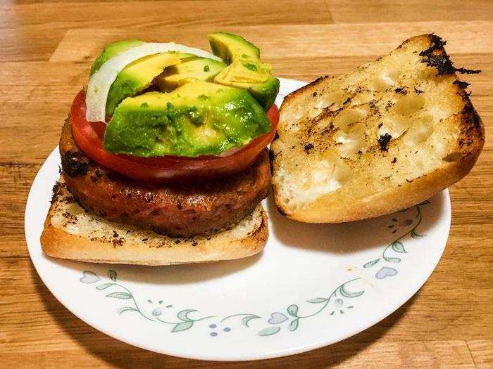 I plopped the Awesome patties onto toasted ciabatta and topped them with slices of tomato, onion, and avocado.