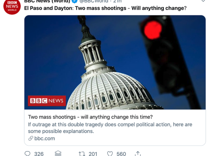 BBC News (UK): "El Paso and Dayton: Two mass shootings - Will anything change?"