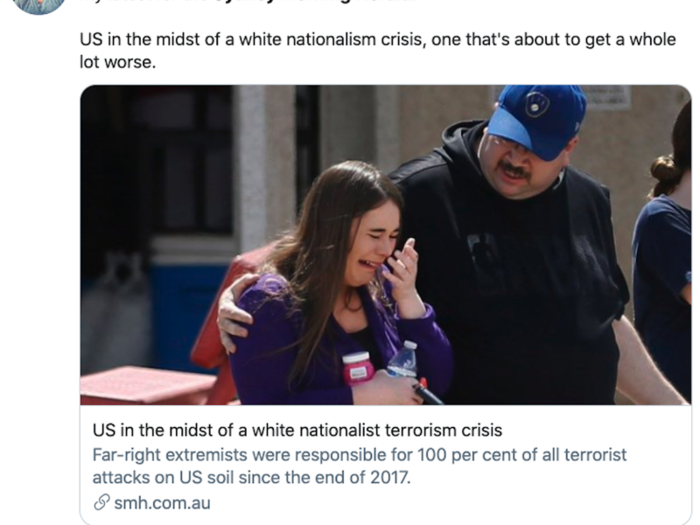 The Sydney Morning Herald (Australia): "US in the midst of a white nationalist terrorism crisis"