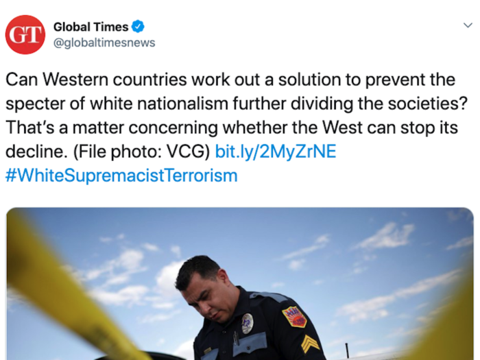 Global Times (Chinese state news): "White nationalism feeds off failed globalization adaptation"