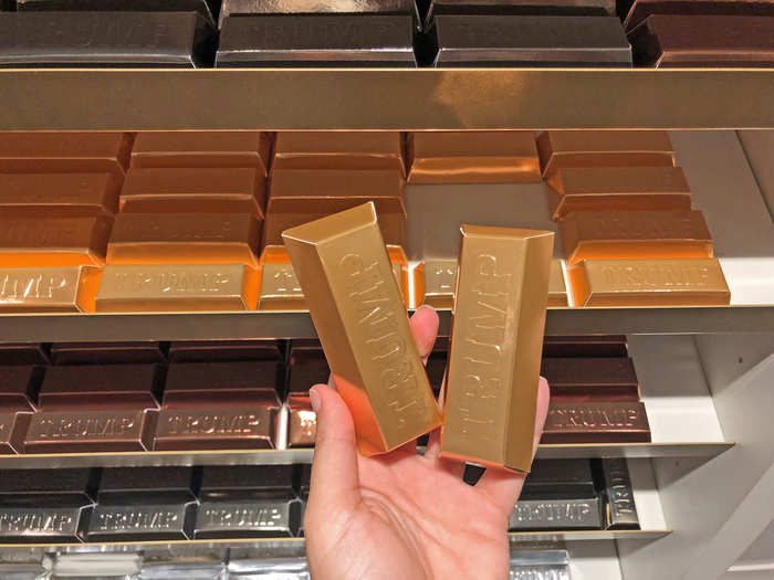 Up by check-out, the Trump Store had its own version of impulse offerings. They mainly included chocolate. There were various flavors of chocolate shaped and dressed up like gold bullion ...