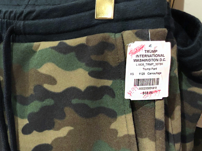 This pair of Trump International Washingtonm, D.C., sweatpants went from costing $68 to costing $49.99, then $29.99, and finally $9.99 by the time of my visit.