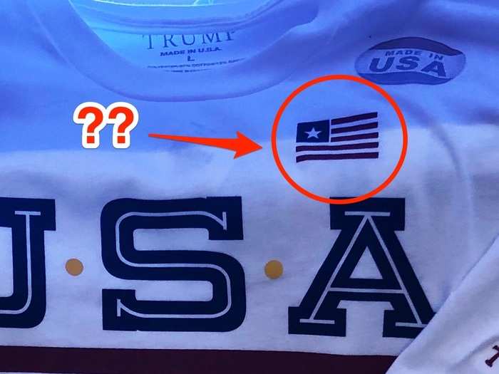 While many items carried the USA motif, the long-sleeved shirt featured this single-star flag on the upper left chest, which was a little confusing seeing as it looked more like the flag of Liberia than that of the US.