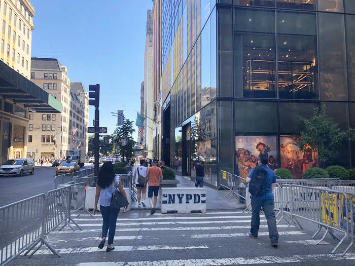 Walking up to the building, I passed through metal and cement barricades that were stopping traffic around the northwest and southwest sides of the block.