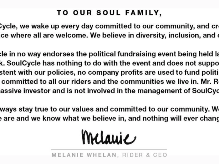 SoulCycle CEO Melanie Whelan responded to the controversy in a tweet Wednesday.