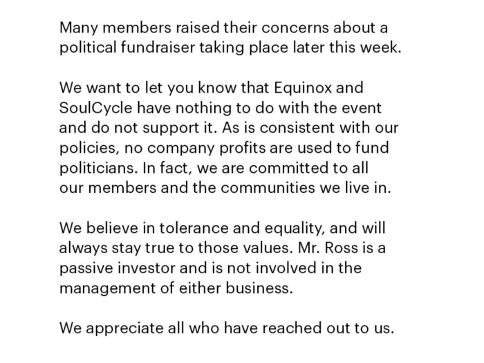 Equinox issued a statement on Wednesday.