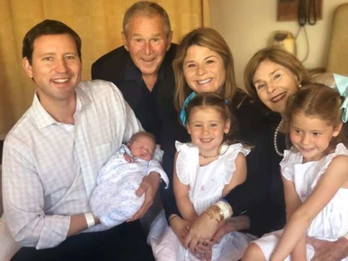 George W. Bush was pictured alongside wife Laura and daughter Jenna on in August 2019 to welcome their third grandson, baby Hal.