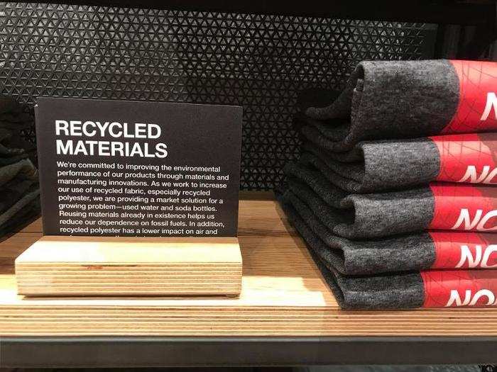 Around the store, we saw several products with displays indicating that the items are made using recycled materials, like these T-shirts ...