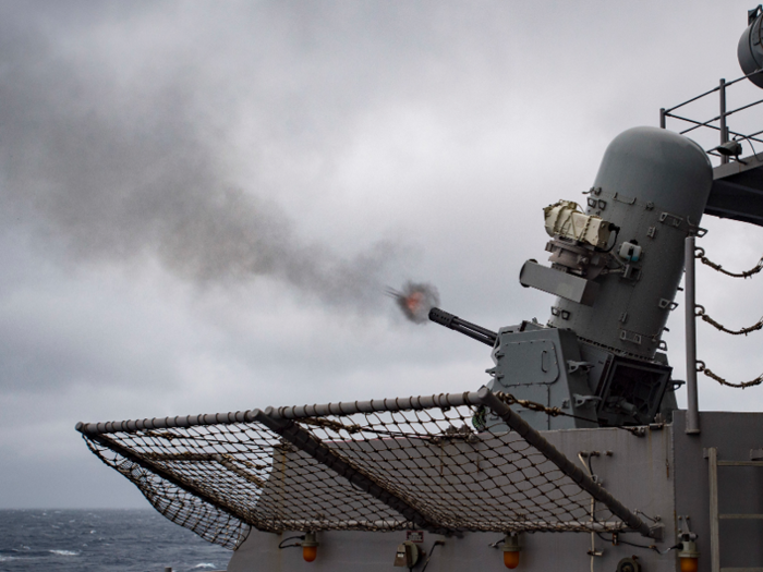 The Phalanx close-in weapon system (CIWS) is comparable to the Iron Dome, but instead of missiles, it rapid-fires bullets against incoming threats at sea and on land. The system is manufactured by Raytheon and employs a radar-guided gun that