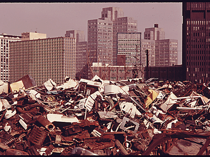 A junkyard looms in front of the Monongahela River, which runs through Pittsburgh. According to Mayor Tom Murphy in 2001, the biggest complaint he heard about the city was that it was too dirty.