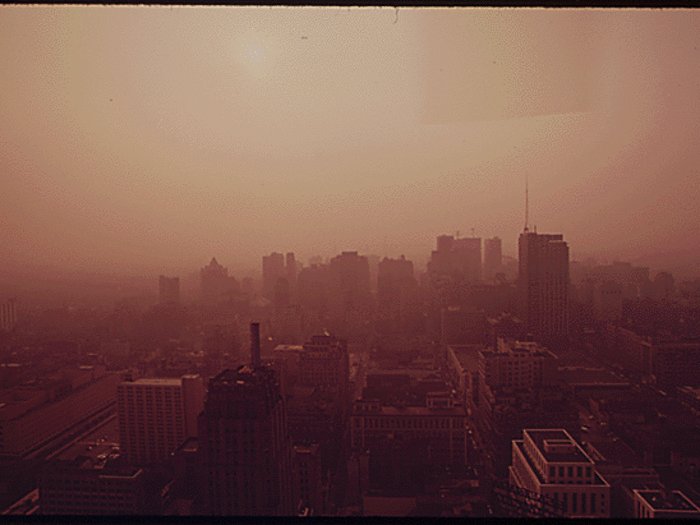 In Philadelphia, the sun is setting, but because of the smog it