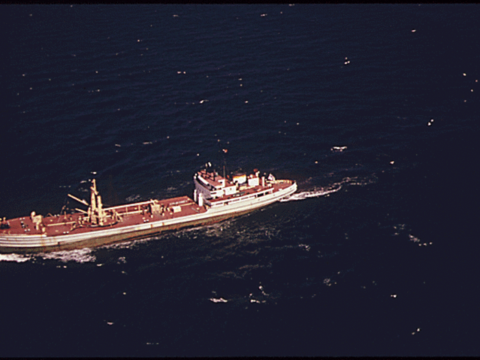 This is one of four New York City-owned vessels on its way to dump sludge 12 miles into the bight. In 1973, 5.8 million cubic yards of sludge was dumped. The sludge would settle on the bottom of the ocean, like mud, killing plants, and creating a dead sea.