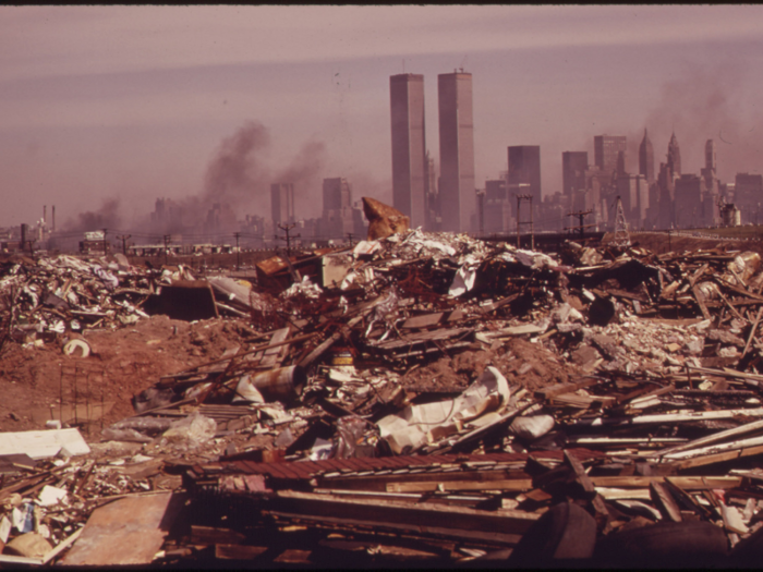 New York is one of the most photographed cities for "The Documerica Project." Here, the dumping of trash ruins an otherwise good view of Manhattan and the Twin Towers in 1973.