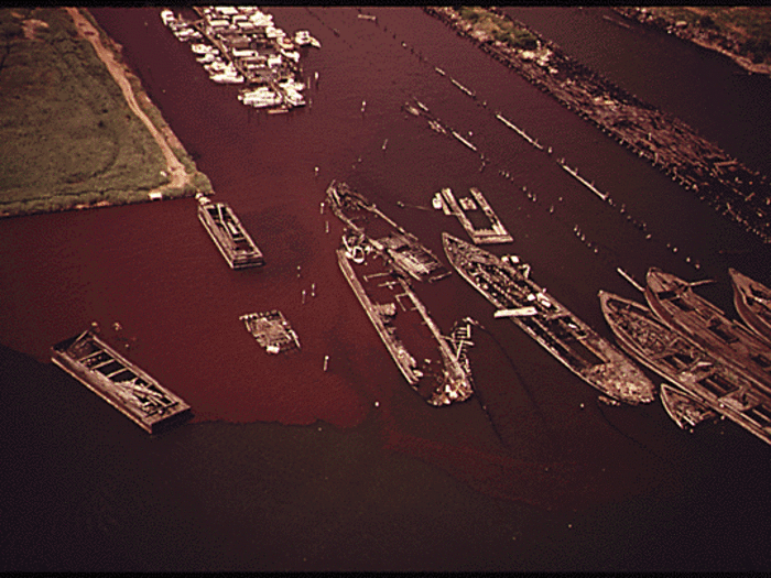 In Bayonne, New Jersey, raw and partially digested sewage can be seen darkening the water.