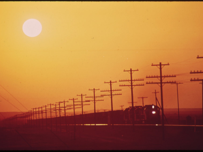 In Los Angeles, the outline of the sun can be clearly seen because air pollution creates a buffer. In 1943, 30 years before this photo was taken, the smog was so bad, the city