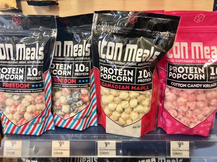 The snack selection was similar to the one at GNC, but this protein popcorn stood out to us, especially the cotton candy flavor, which looked too tasty to be good for us.