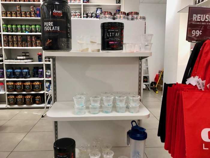 A store associate directed us to a shelf filled with free samples of different protein-infused products. There was even a cinnamon churro-flavored dietary supplement with zero grams of sugar.