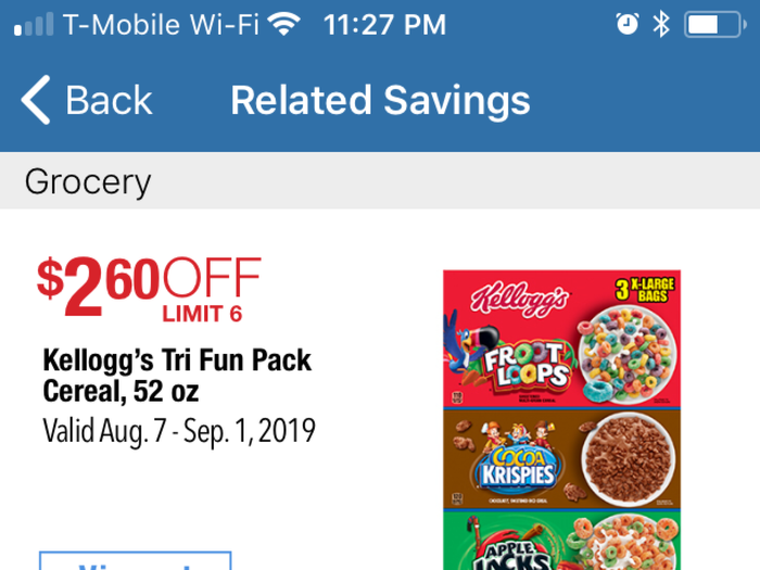 I added "cereal" and then it brought me over to find two coupons for cereal that I could also virtually "clip."