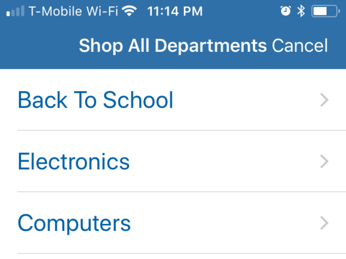 I next decided to click on the top left-hand menu, where you can browse various departments like back to school, electronics, computers, appliances, and more.