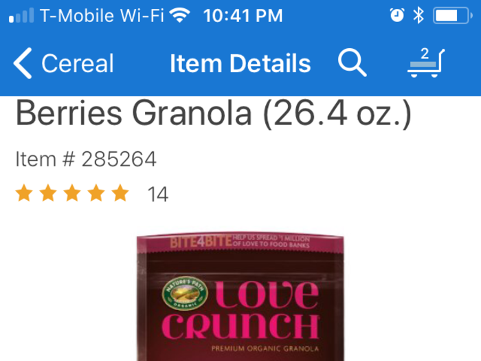 But some items don’t have this option, and when you click through them (like this box of Nature’s Path Love Crunch Dark Chocolate and Red Berries Granola), the app prompts you to select a Sam