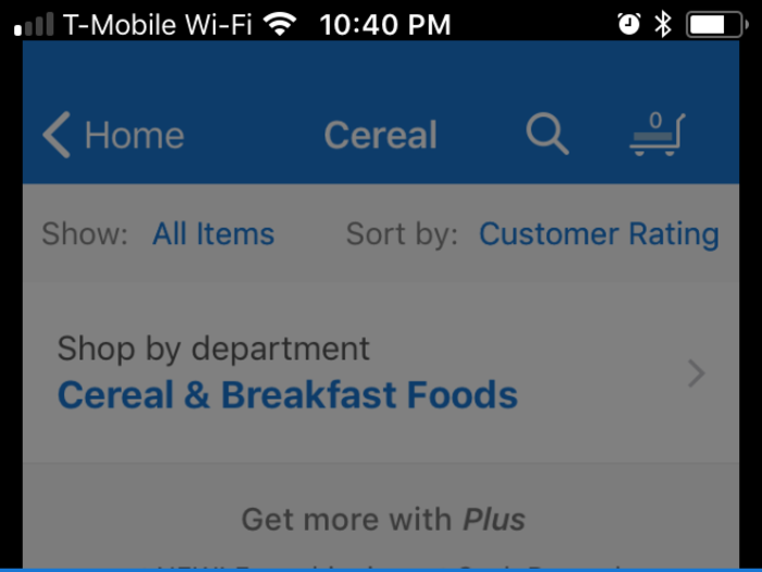 I then clicked back to the list of cereals and also noticed that some, but not all, items include a little shopping cart icon to the right of them. This is for putting the item in your shopping cart in order to have it shipped.