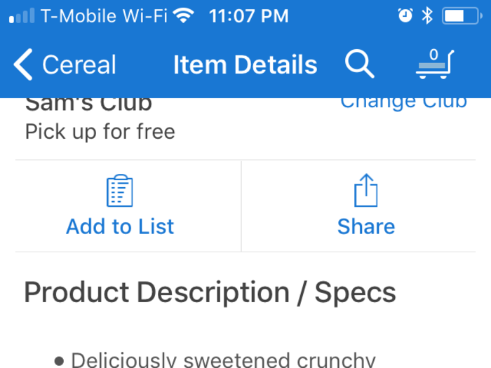 I clicked on the cereal to see what additional information the app would provide. This included things like shipping info and pick-up info as well as the product description and specs.