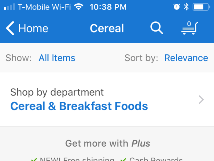 It promptly showed me all their cereal options, and also featured filters for online only and in-club only items, as well as a way to sort (it defaults to relevance, but you can also sort by top sellers, price, and customer rating).